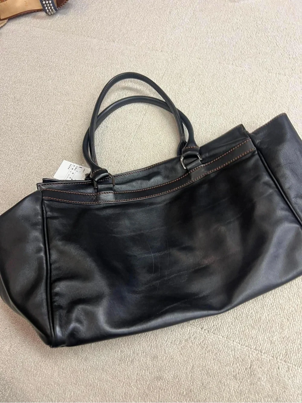 Longchamp Black Leather Tote with Brown Contrast Trim